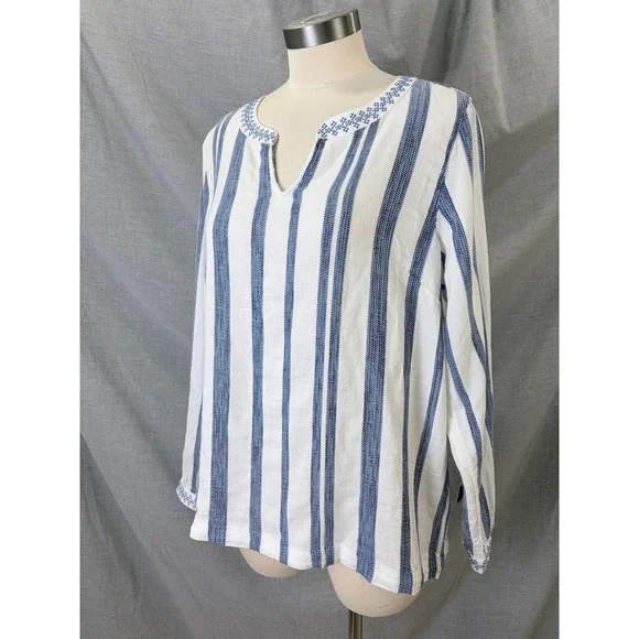 NWT Blue White Striped Embroidered 100% Cotton Tunic Top NWT Resortwear Vacation - Picture 2 of 12